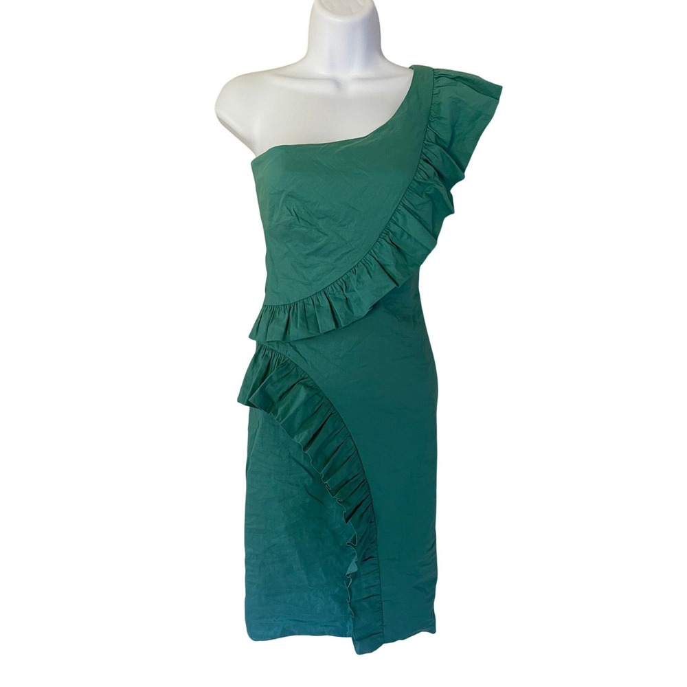 Nicole Miller Collection One Shoulder Ruffle Cocktail Dress Green Size 2 New